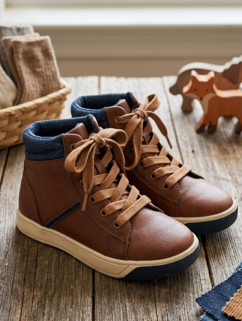 Steve Madden Brown Leather Denim Trim Boots Kids Casual Mountain Outdoor Shoes